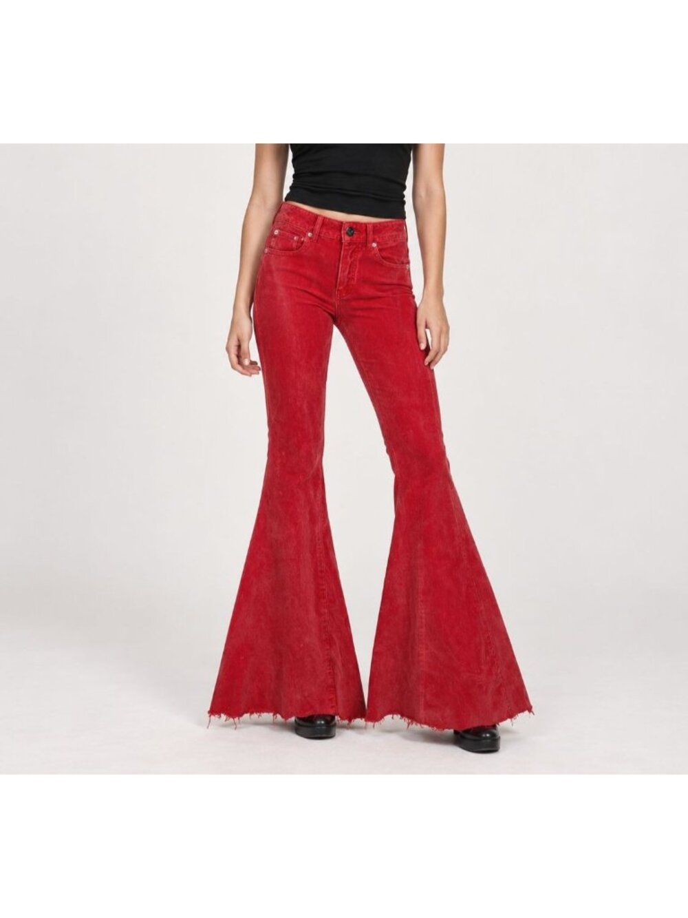 We The Free Twenty-Seven Red Corduroy Wide Flare Pants Lace-Up Back Frayed Hem